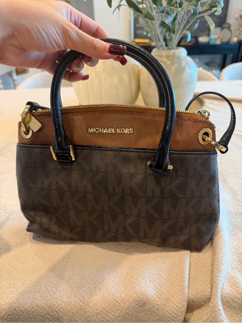 Michael Kors Brown & Black Signature Satchel with Tan Accent